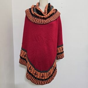 handmade PERUVIAN‎ Alpaca Wool Poncho Sweater Red Llama Geometric Print